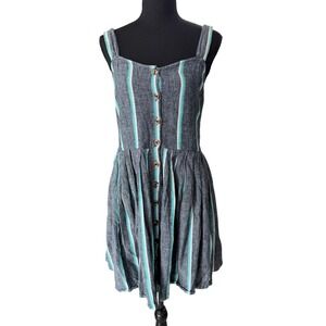 Roxy Linen Blend Striped Button Front Mini Dress XL Grey Turquoise Coastal Beach